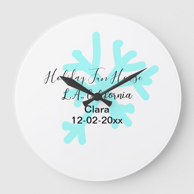 Reloj Redondo Grande Blue snowflakes holiday camping house place date (Anverso)