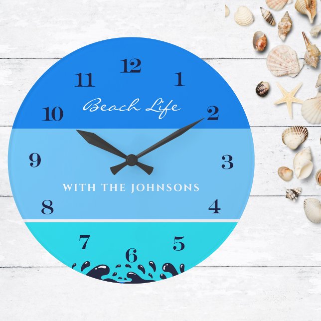 Reloj Redondo Grande Blue Stripe Ocean Waves Family Name Beach House (Subido por el creador)
