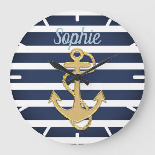 Reloj Redondo Grande Blue Stripes & Gold Anchor Nautical