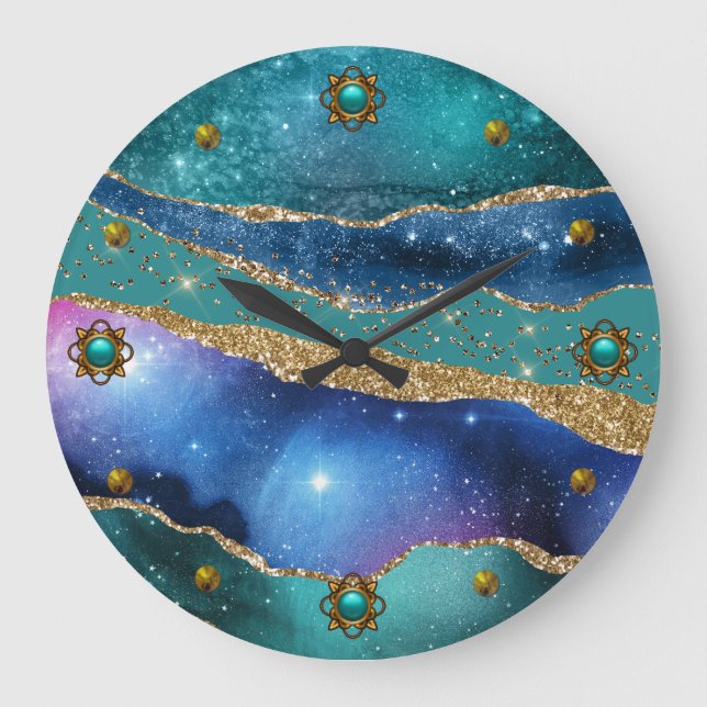 Reloj Redondo Grande Blue Teal and Gold Agate  (Anverso)