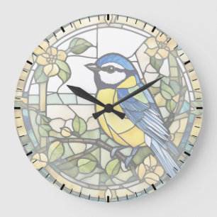 Reloj Redondo Grande Blue Tit Faux Staint Glass Bluetit Bird Clock