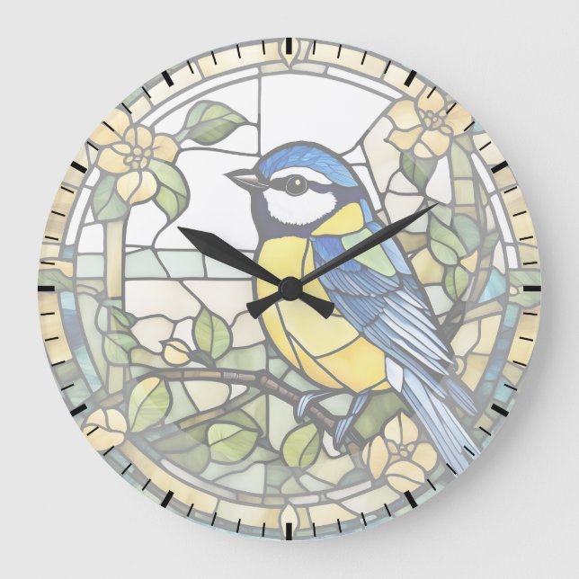 Reloj Redondo Grande Blue Tit Faux Staint Glass Bluetit Bird Clock (Anverso)
