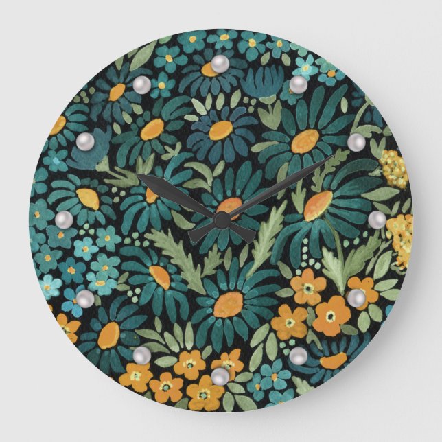 Reloj Redondo Grande Blue watercolor daisies (Anverso)