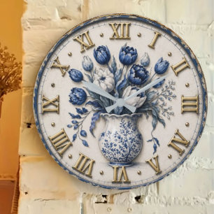 Reloj Redondo Grande Blue White Delft Floral Vintage Porcelain Vase