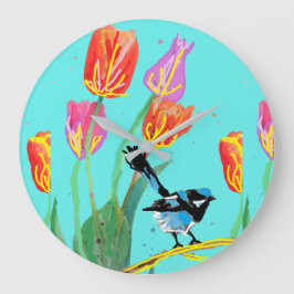 Reloj Redondo Grande Blue Wren Blue Birds Pintada Art Wall Clock