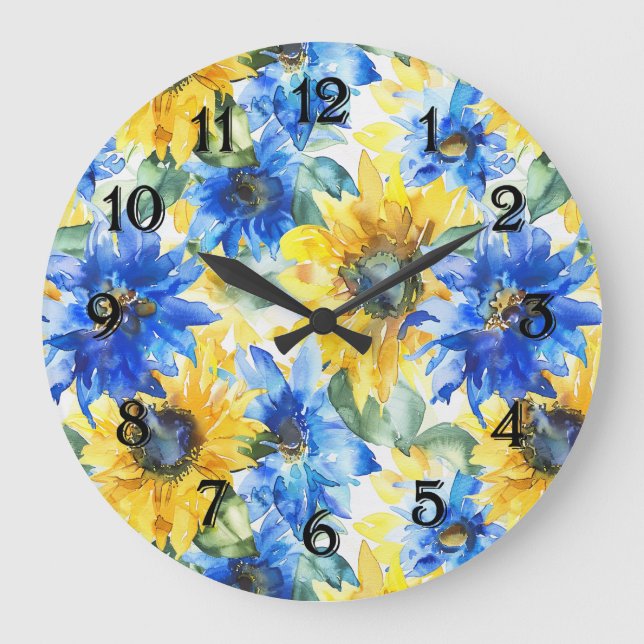 Reloj Redondo Grande Blue Yellow Sunflowers (Anverso)