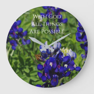 Reloj Redondo Grande Bluebonnets & Abeja con Dios Todo es Posible 