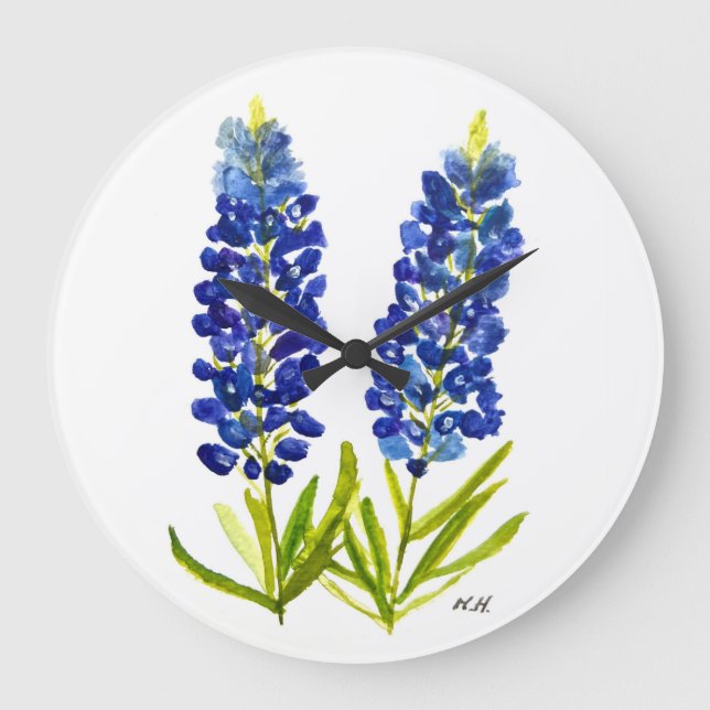 Reloj Redondo Grande Bluebonnets Texas State Flowe Lupine Watercolor (Anverso)