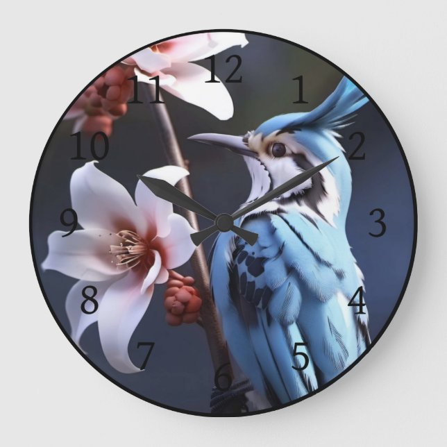 Reloj Redondo Grande Bluejay y Flores (Anverso)