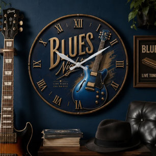Reloj Redondo Grande Blues Night Guitar Vintage Electric Guitar