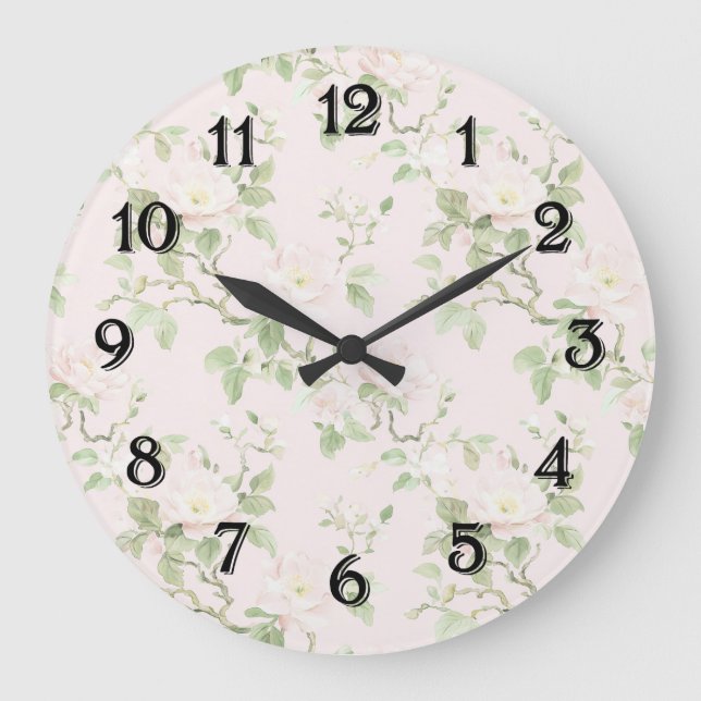 Reloj Redondo Grande Blush Pink White Romantic Floral (Anverso)