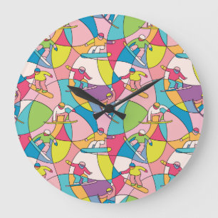 Reloj Redondo Grande Boardes de nieve coloridas: patrón vintage sin cos