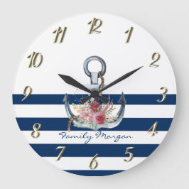 Reloj Redondo Grande  Boat Name,Anchor Flowers Navy Blue Stripes 