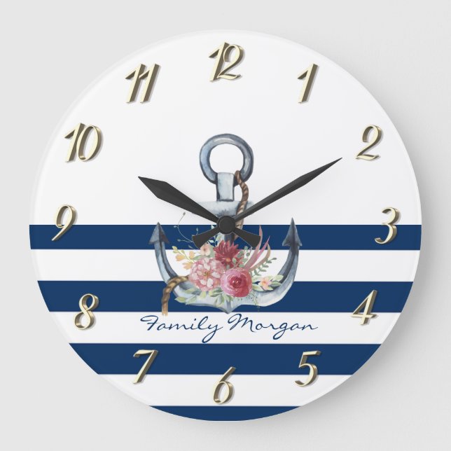Reloj Redondo Grande  Boat Name,Anchor Flowers Navy Blue Stripes  (Anverso)