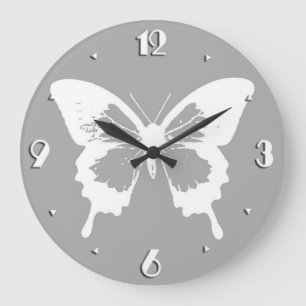 Reloj Redondo Grande Boceto de mariposa, gris plateado y blanco