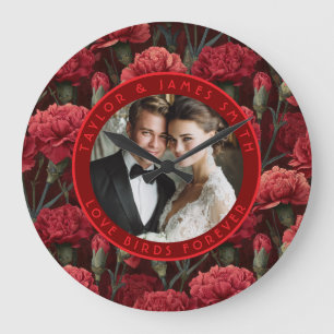 Reloj Redondo Grande Boda Botánica Estética de Clavel Rojo Elegante