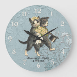 Reloj Redondo Grande Boda de gatos posados azul