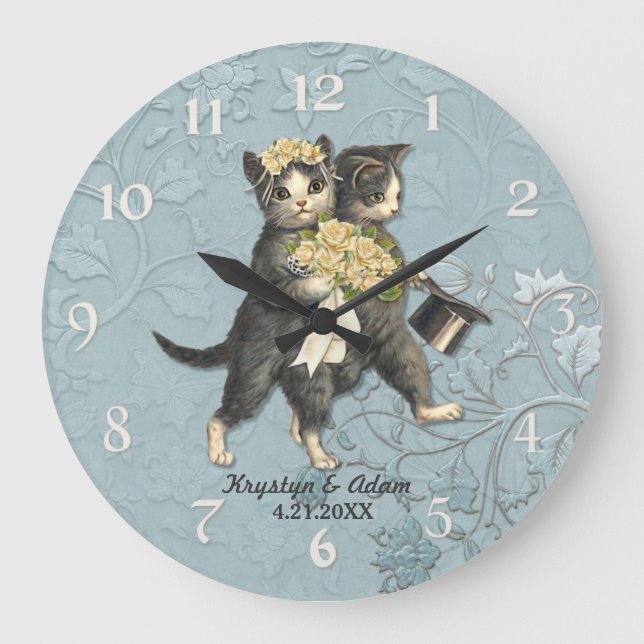 Reloj Redondo Grande Boda de gatos posados azul (Anverso)