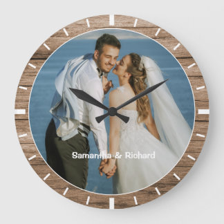 Reloj Redondo Grande Boda de nombre personalizado foto marco de madera 
