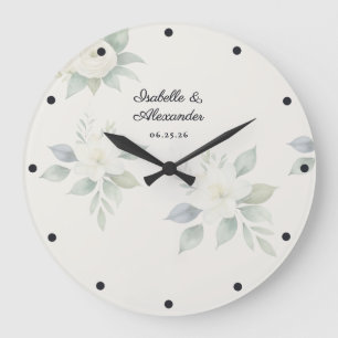 Reloj Redondo Grande Boda floral elegante de acuarela personalizada