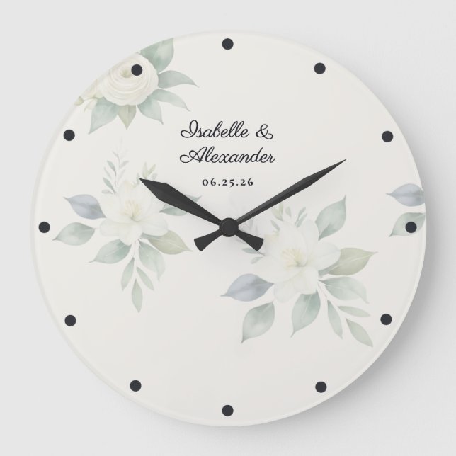 Reloj Redondo Grande Boda floral elegante en acuarela personalizada (Anverso)