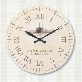Reloj Redondo Grande Boda Islámica | Kaaba de Piedra Suave y Acuarela