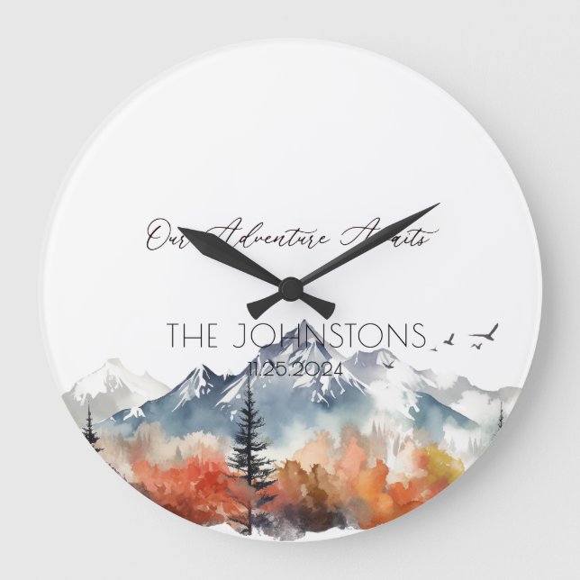 Reloj Redondo Grande Boda Keepsake de la montaña acuática de otoño (Anverso)