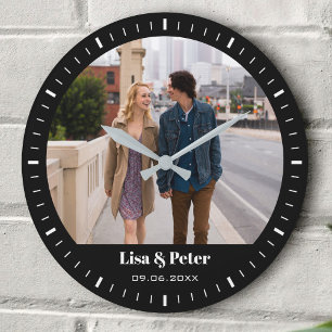 Reloj Redondo Grande Boda Minimalista de San Valentín en Blanco y Negro