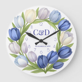 Reloj Redondo Grande Boda Monograma Tulipán azul Wreath Watercolor