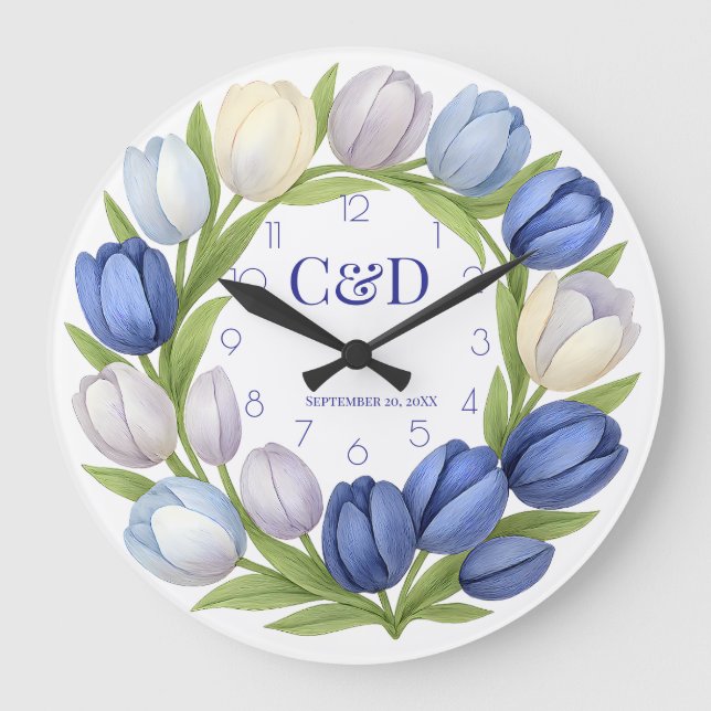Reloj Redondo Grande Boda Monograma Tulipán azul Wreath Watercolor (Anverso)
