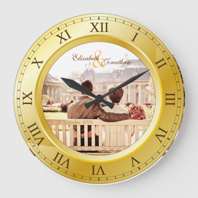 Reloj Redondo Grande Boda personalizable Aniversario de la foto romana  (Anverso)