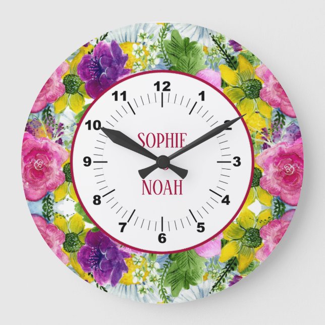 Reloj Redondo Grande Boda reprogramado de Burgundy Pink Floral Garland (Anverso)