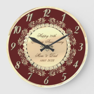 Reloj Redondo Grande Bodas de Burgundy 25º Aniversario Gold Diamonds 