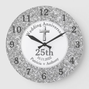 Reloj Redondo Grande Bodas de plata religiosas con brillo 25º aniversar