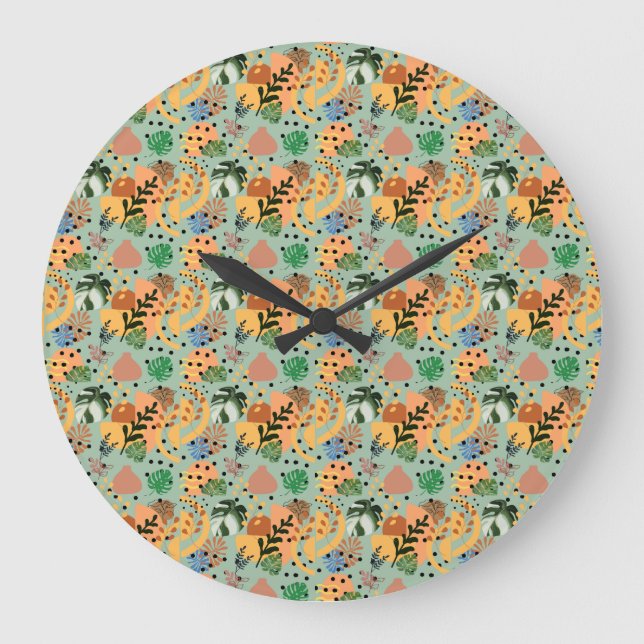 Reloj Redondo Grande boho abstract tropical pattern -minimal leaf desig (Anverso)