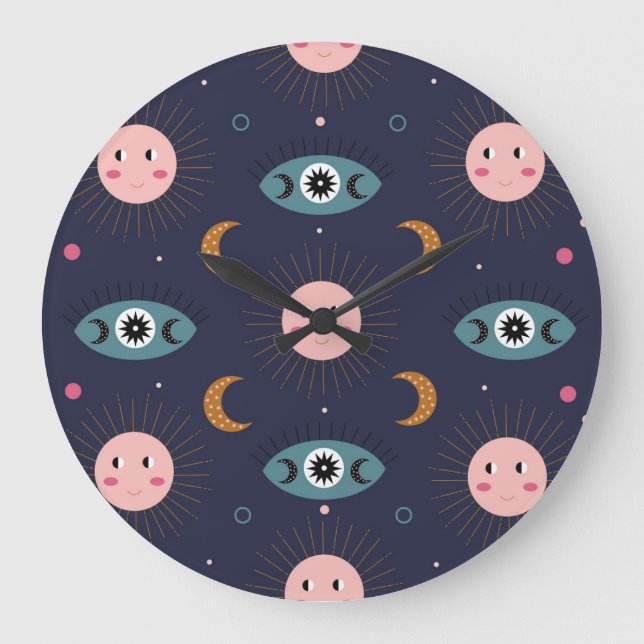 Reloj Redondo Grande Boho bebé, patrón de moda hippie. (Anverso)