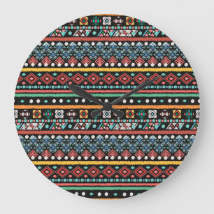 Reloj Redondo Grande Boho étnico: Impresión de píxeles geométricos