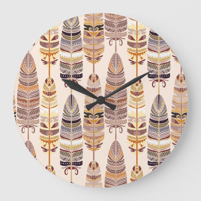 Reloj Redondo Grande Boho Feathers: Patrón tribal de Seamless (Anverso)