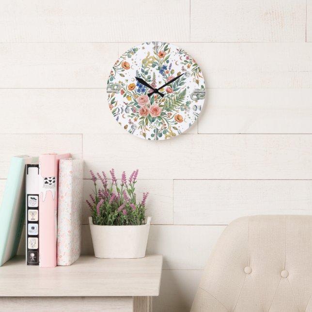 Reloj Redondo Grande Boho Floral Celestial Moon  & Serpientes Botánico (Sala de lectura)