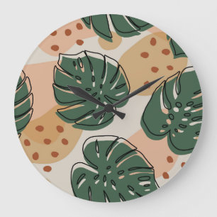 Reloj Redondo Grande Boho monstera: patrón tropical abstracto