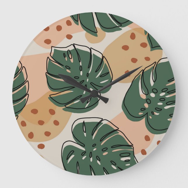 Reloj Redondo Grande Boho monstera: patrón tropical abstracto (Anverso)