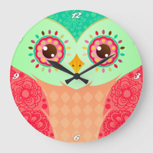 Reloj Redondo Grande Boho Red & Green Owl