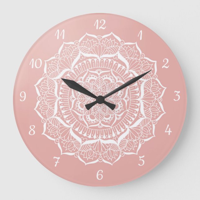 Reloj Redondo Grande Boho Rosa Gold Mandala Art (Anverso)