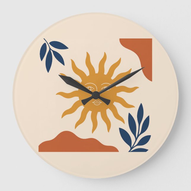 Reloj Redondo Grande Boho Sun Face Abstract Terracotta Wall Clock (Anverso)