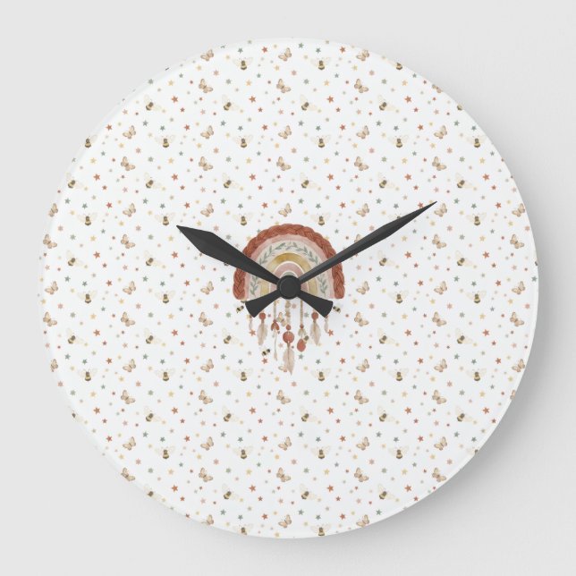 Reloj Redondo Grande Boho Whimsical Bee & Earthy Rainbow Nursery Round  (Anverso)