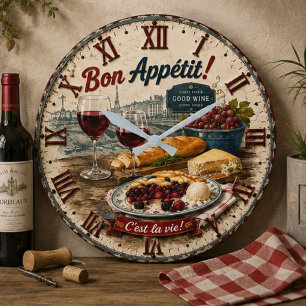 Reloj Redondo Grande Bon Appétit French Paris Wine & Cheese Rustic Café