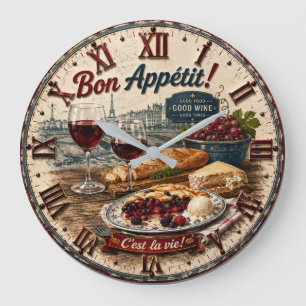 Reloj Redondo Grande Bon Appétit French Paris Wine & Cheese Rustic Café