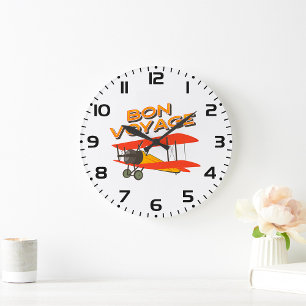 Reloj Redondo Grande Bon Voyage Biplane Vintage Airplane