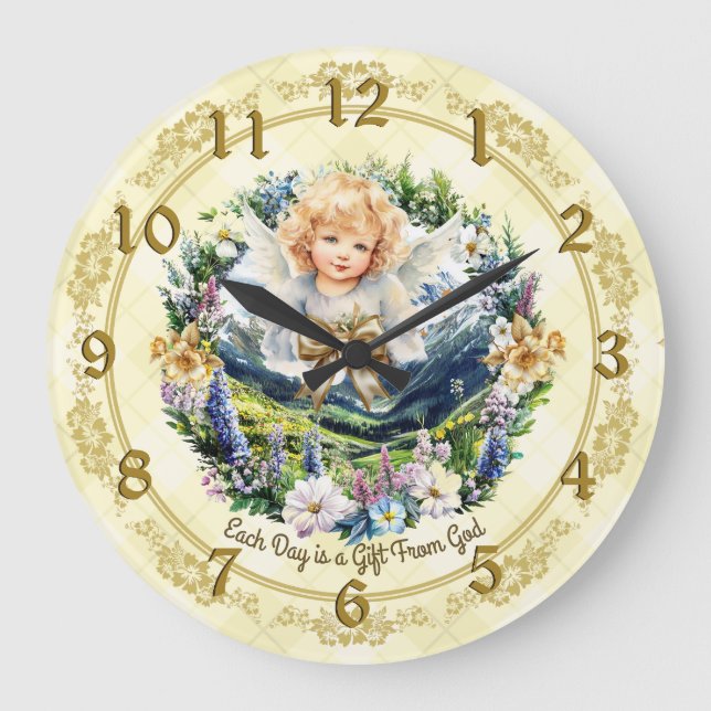 Reloj Redondo Grande Bonito Ángel Inspirador amarillo Cherub (Anverso)
