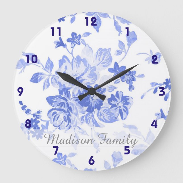 Reloj Redondo Grande bonito azul delft luce azul blanco floral (Anverso)